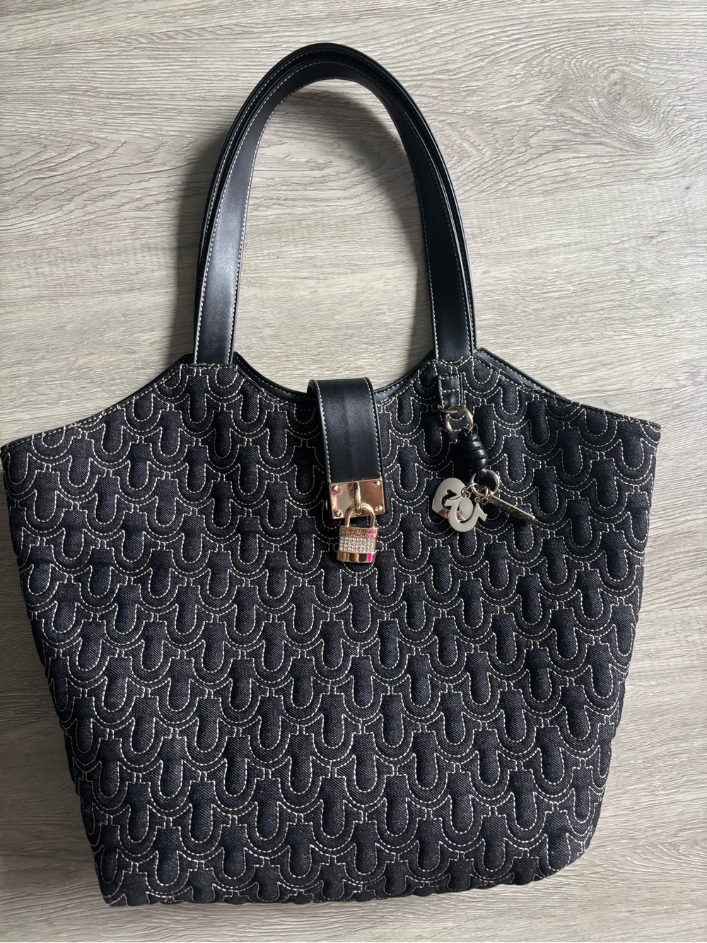 True Religion Black Quilted Tote with Gold Hardware